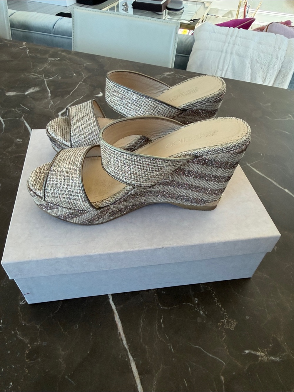 Jimmy Choo Glittered Neutral Wedge Sandals